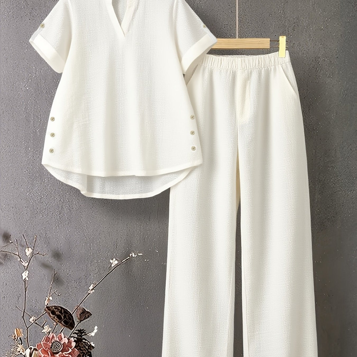 Damen Zweiteiler mit V-Ausschnitt Top und Elastischer Hose