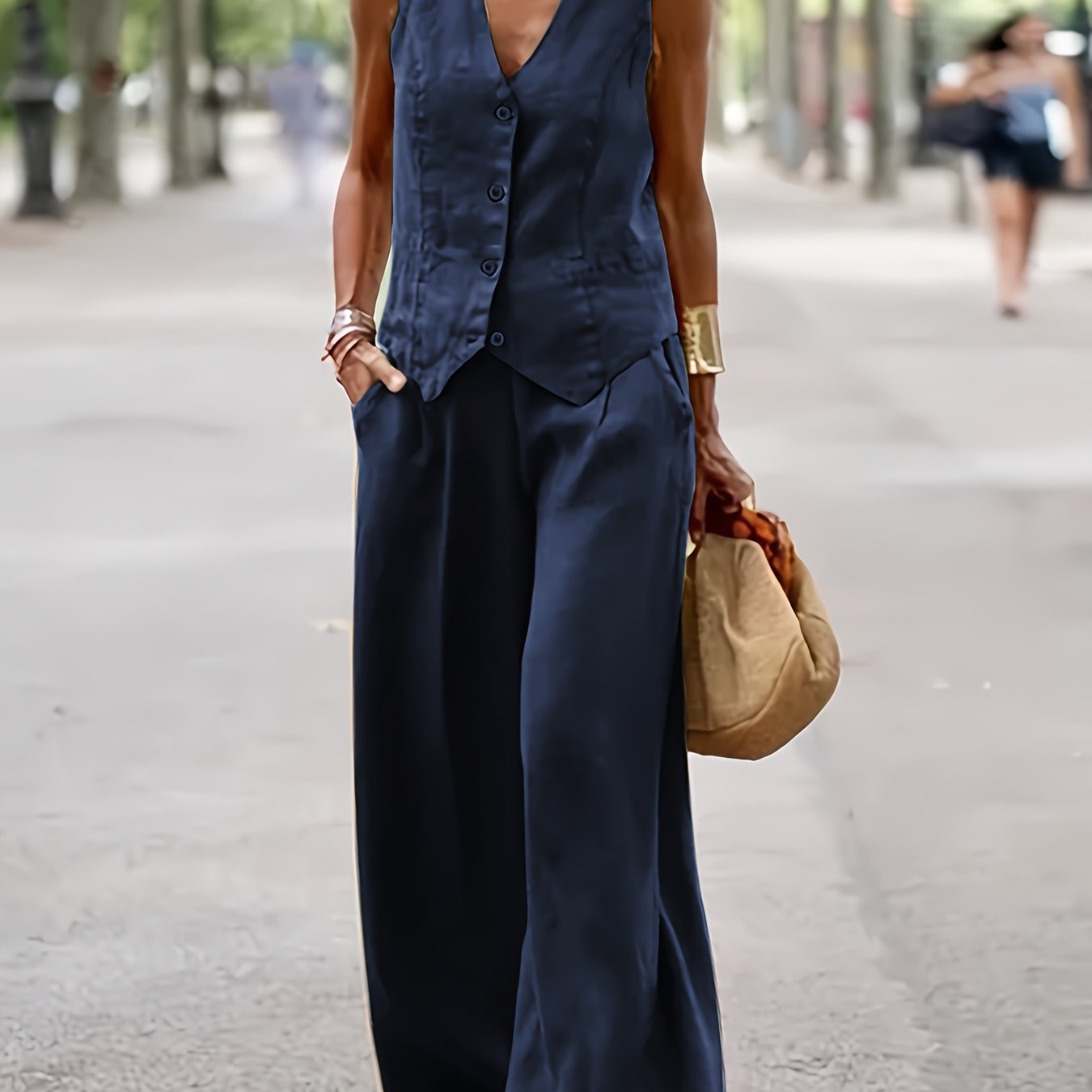 Damen Sommer Set mit V-Ausschnitt Top und Langer Hose