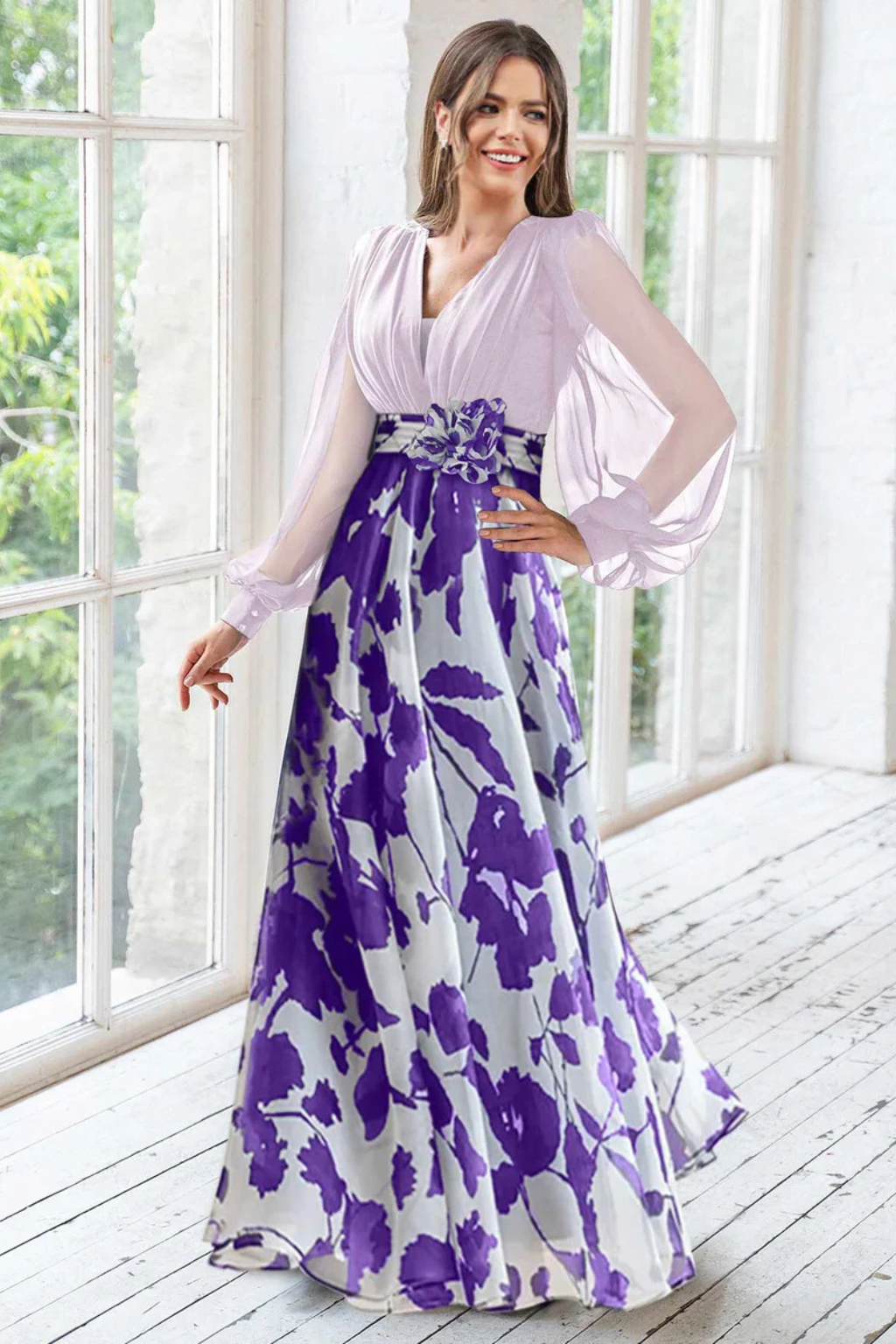 Valentina Damen Maxikleid – V-Ausschnitt & Ballonärmel Floral Elegant