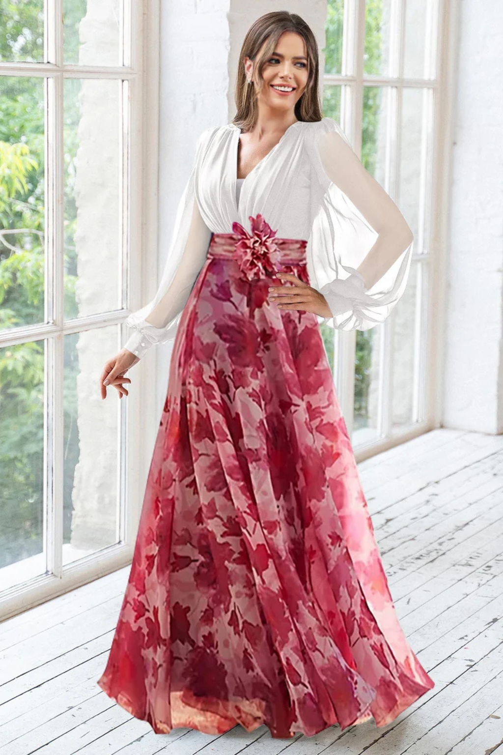 Valentina Damen Maxikleid – V-Ausschnitt & Ballonärmel Floral Elegant