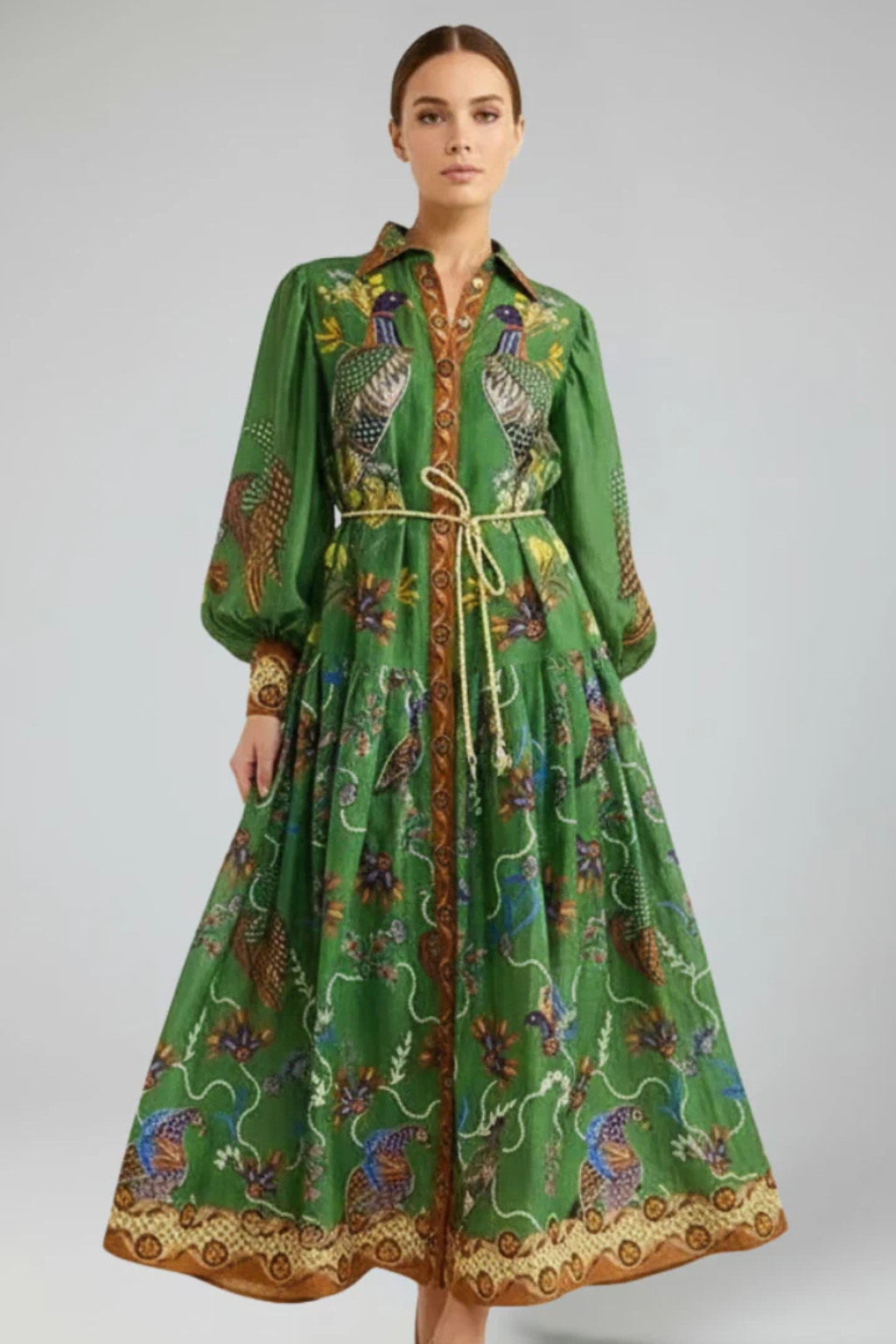 Thea Damen Maxikleid – V-Ausschnitt & Print mit Stufenrock Elegant