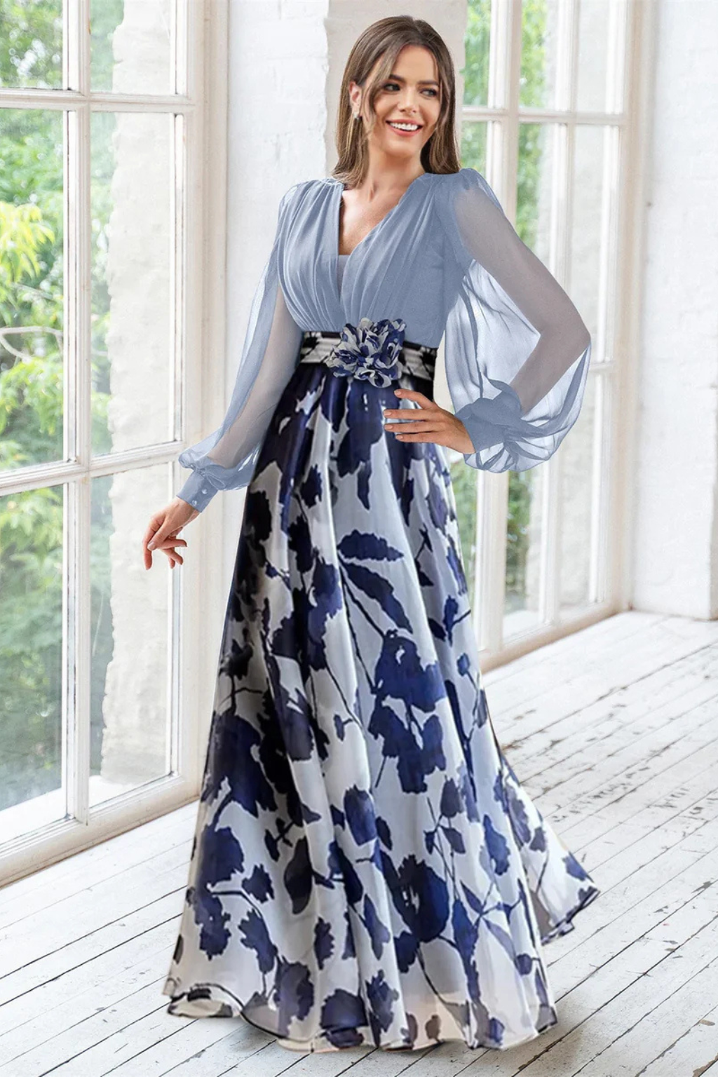 Valentina Damen Maxikleid – V-Ausschnitt & Ballonärmel Floral Elegant