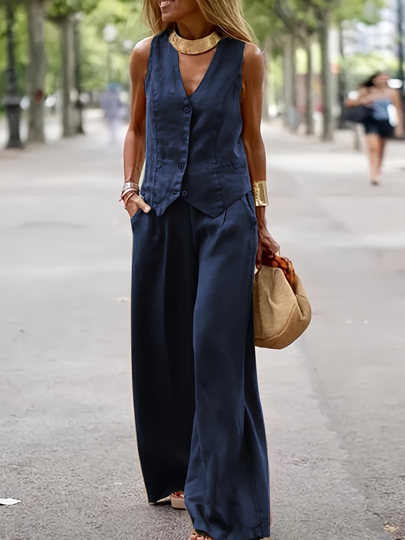 Damen Sommer Set mit V-Ausschnitt Top und Langer Hose