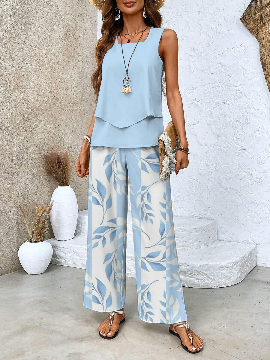 Damen Leinenlook Sommer Set mit Top und Weiter Hose