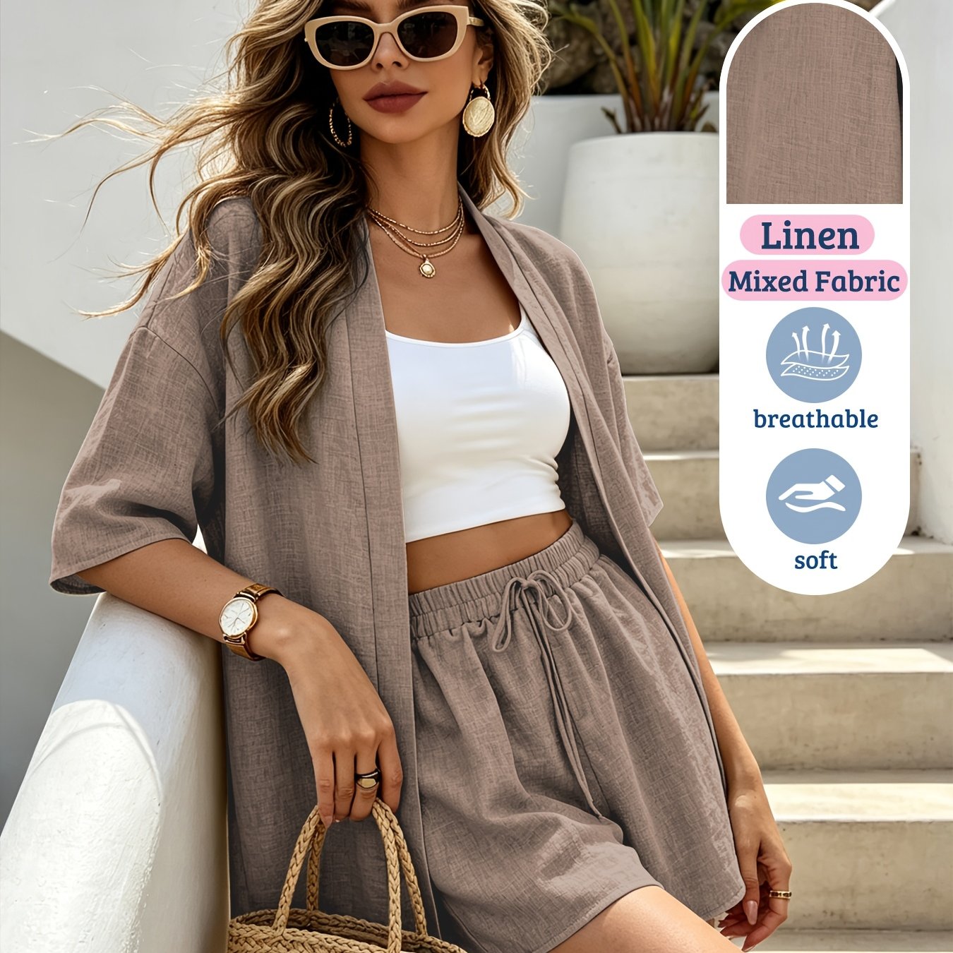 Damen Resort Set aus Leinenmix mit Cardigan und Shorts