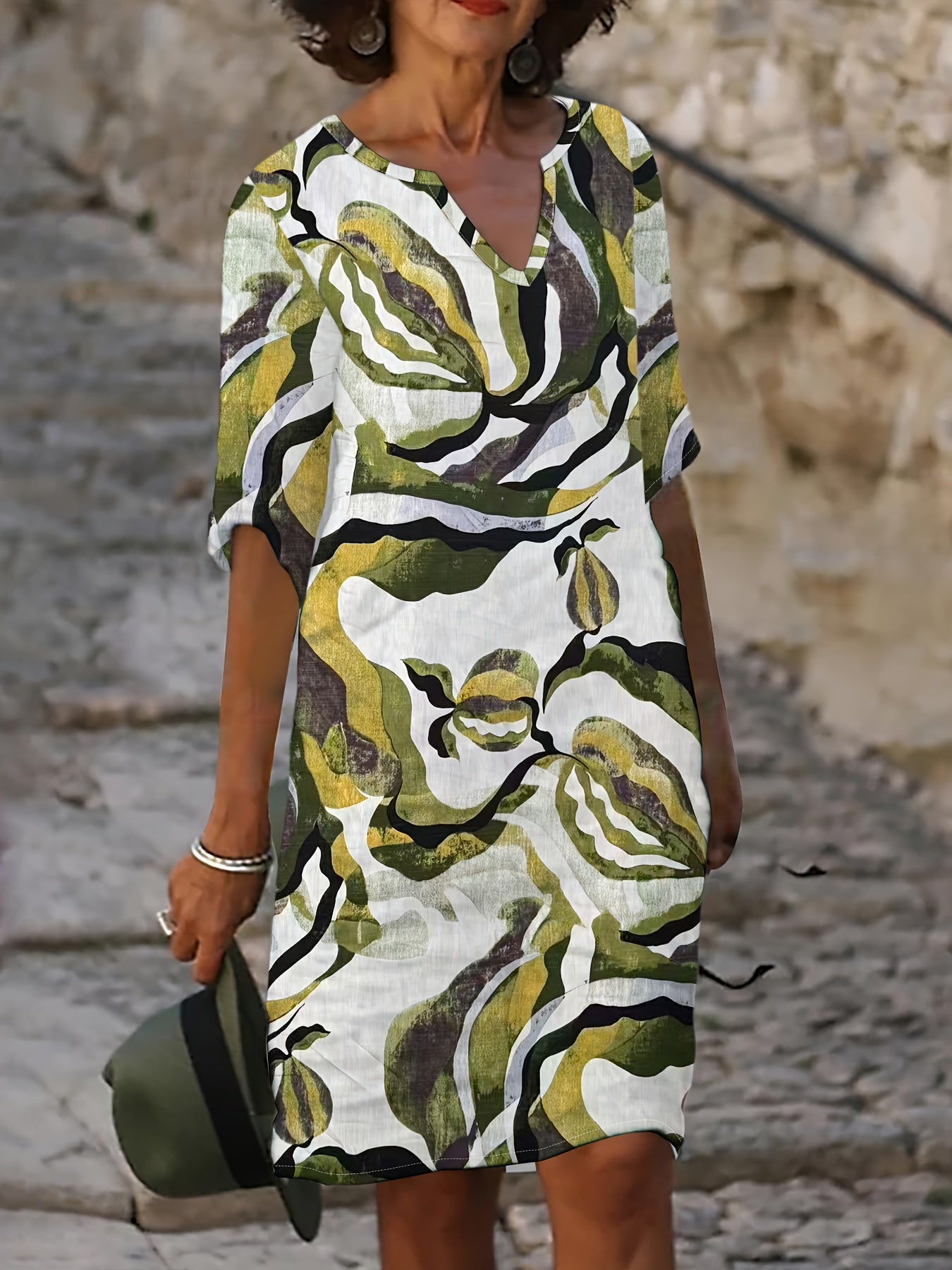 Damen Casual Kleid mit V-Ausschnitt und Blumenprint
