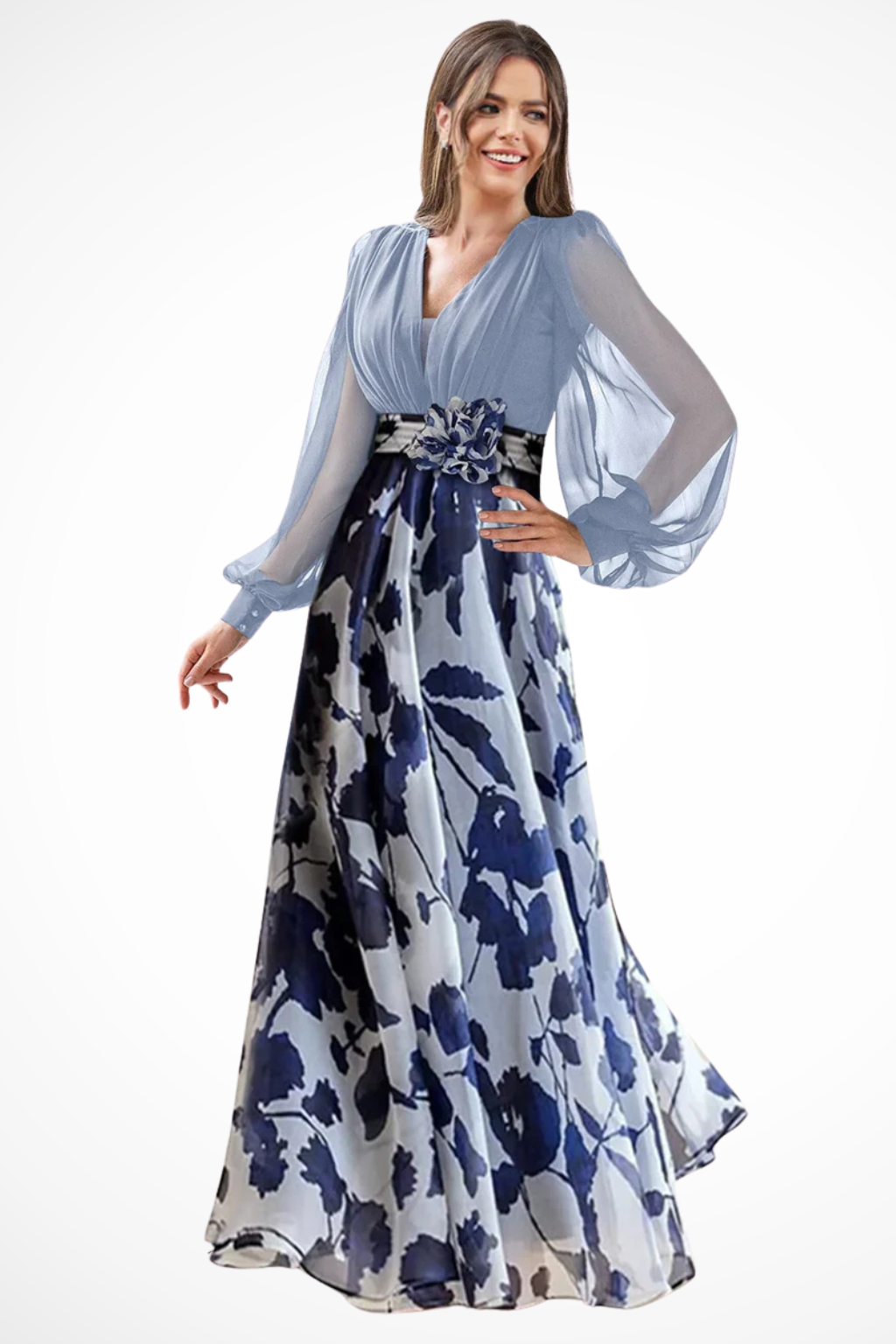 Valentina Damen Maxikleid – V-Ausschnitt & Ballonärmel Floral Elegant