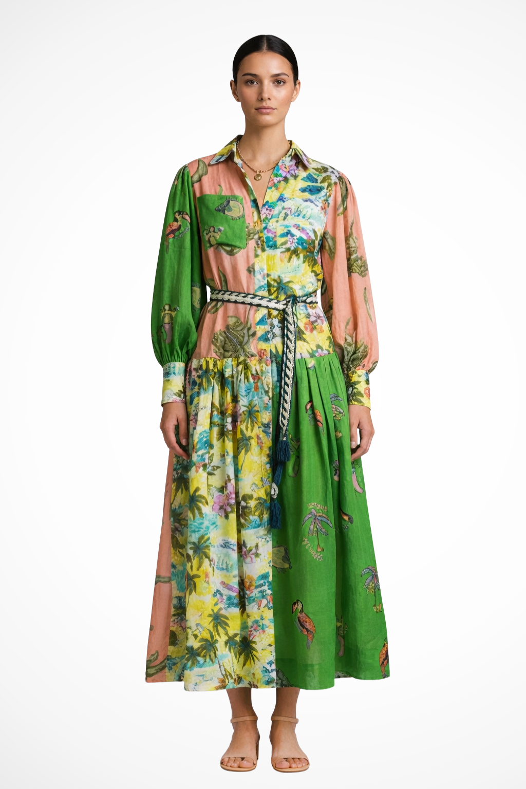 Thea Damen Maxikleid – V-Ausschnitt & Print mit Stufenrock Elegant