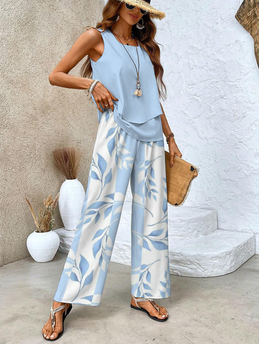Damen Leinenlook Sommer Set mit Top und Weiter Hose