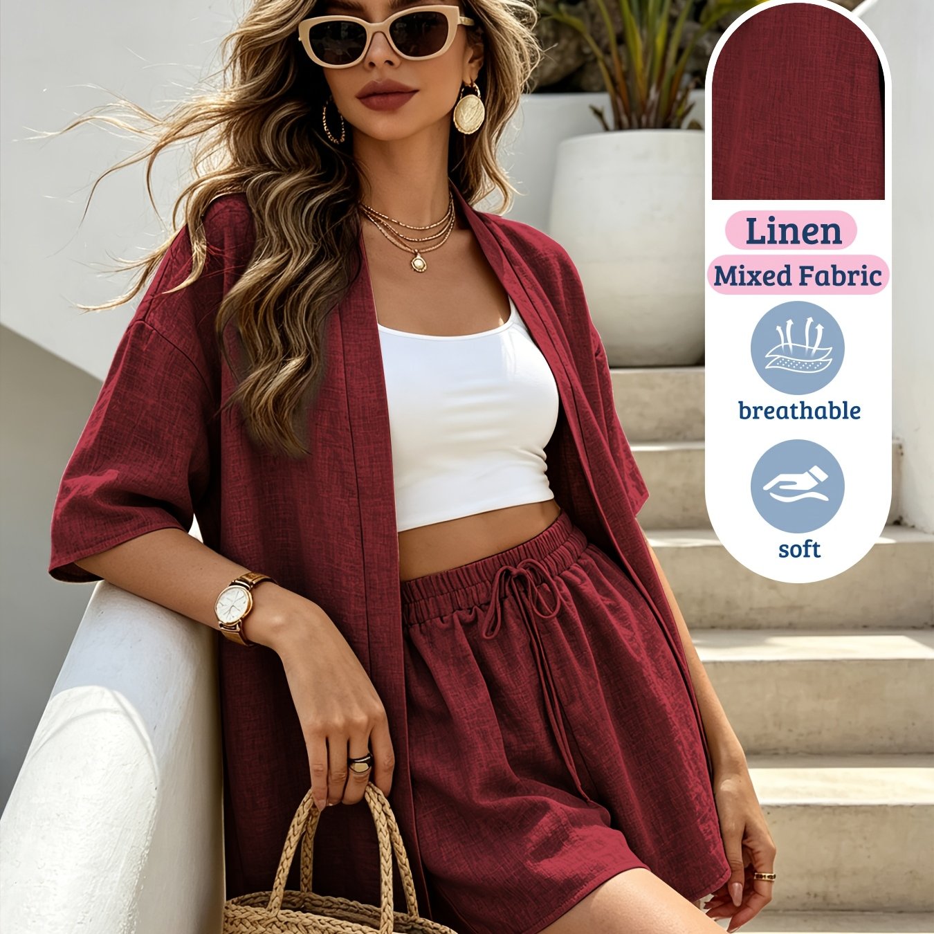 Damen Resort Set aus Leinenmix mit Cardigan und Shorts
