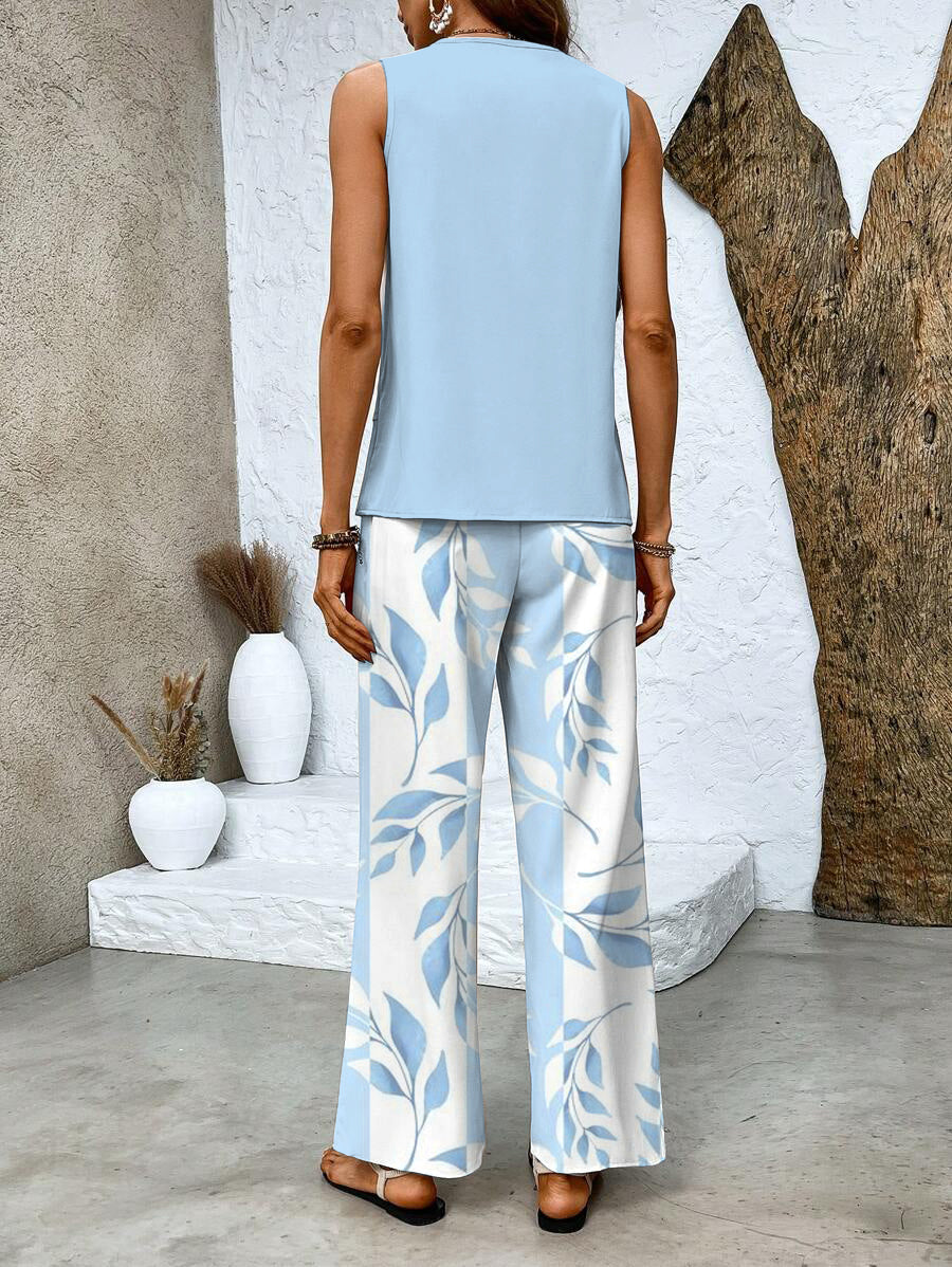 Damen Leinenlook Sommer Set mit Top und Weiter Hose