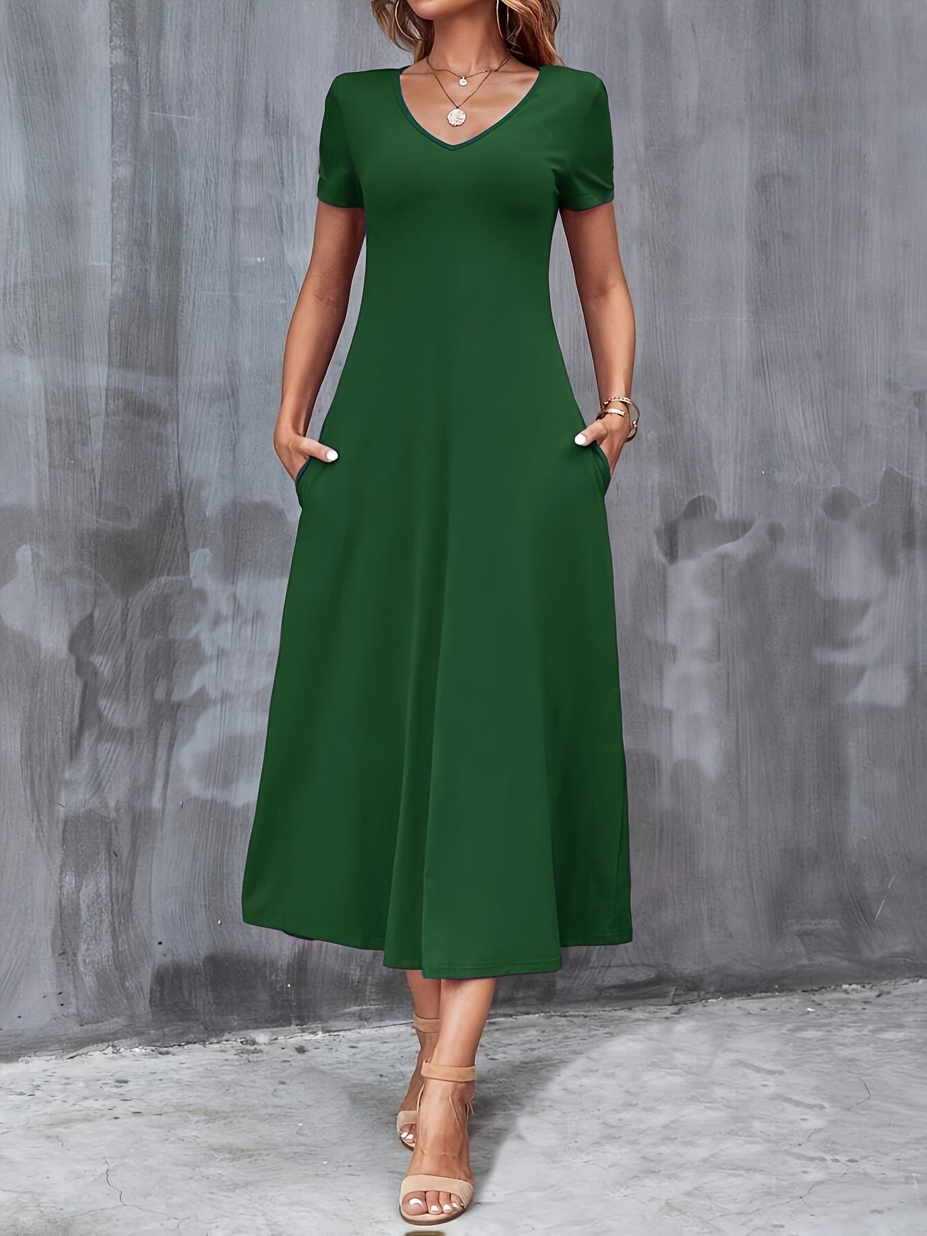 Damen A-Linien Kleid – V-Ausschnitt mit Taschen Elegant