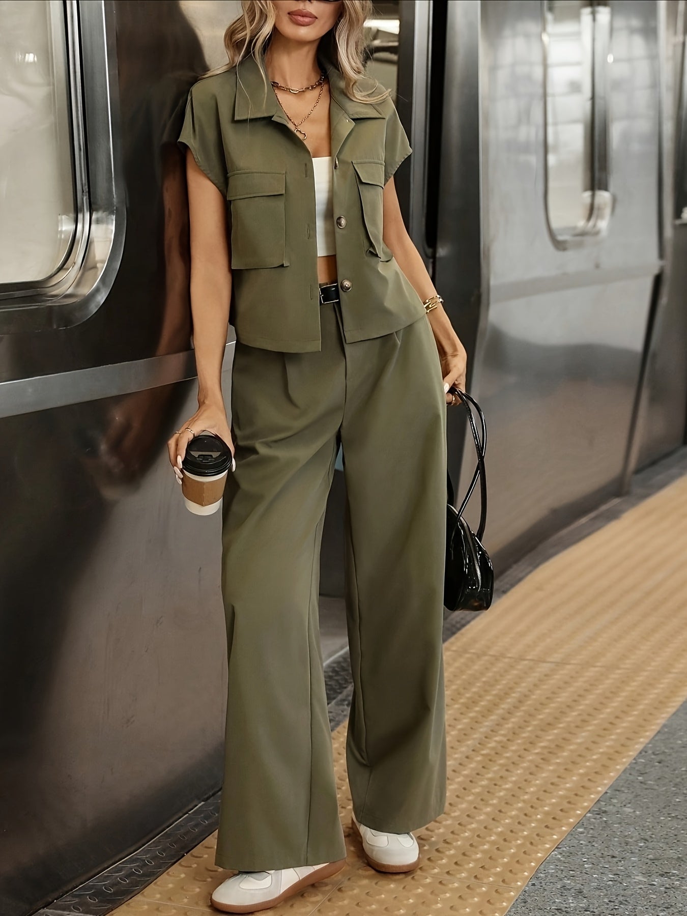 Damen Casual Set mit Kurzarmhemd und Hose