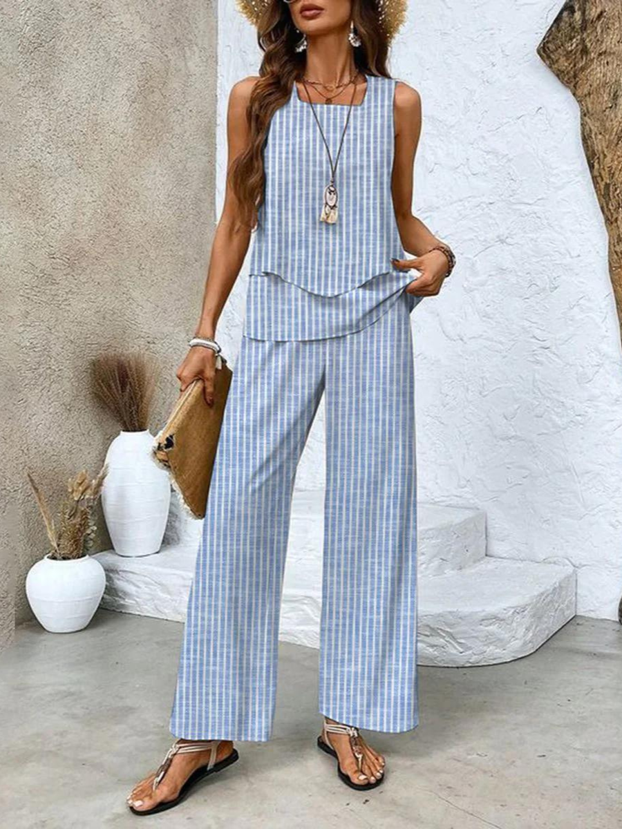 Damen Leinenlook Sommer Set mit Top und Weiter Hose