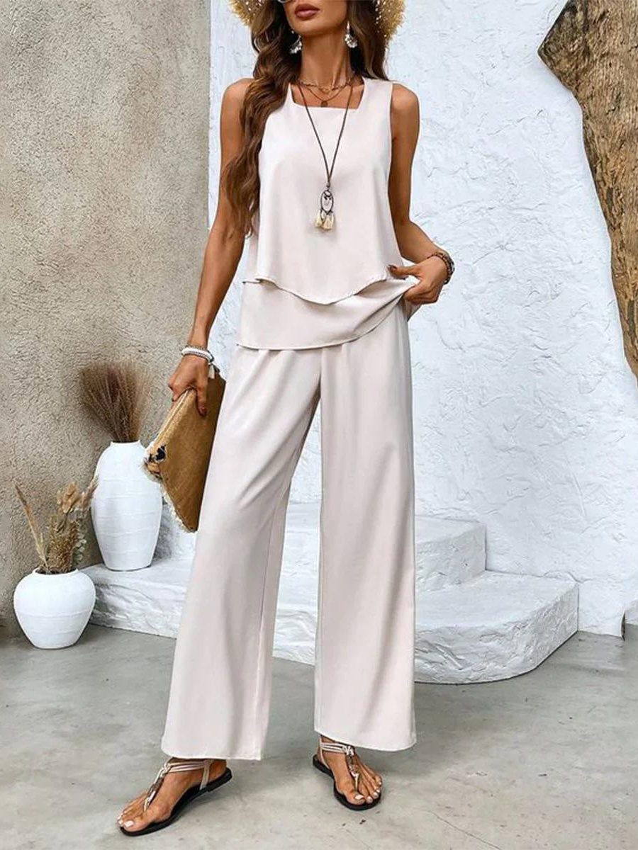 Damen Leinenlook Sommer Set mit Top und Weiter Hose
