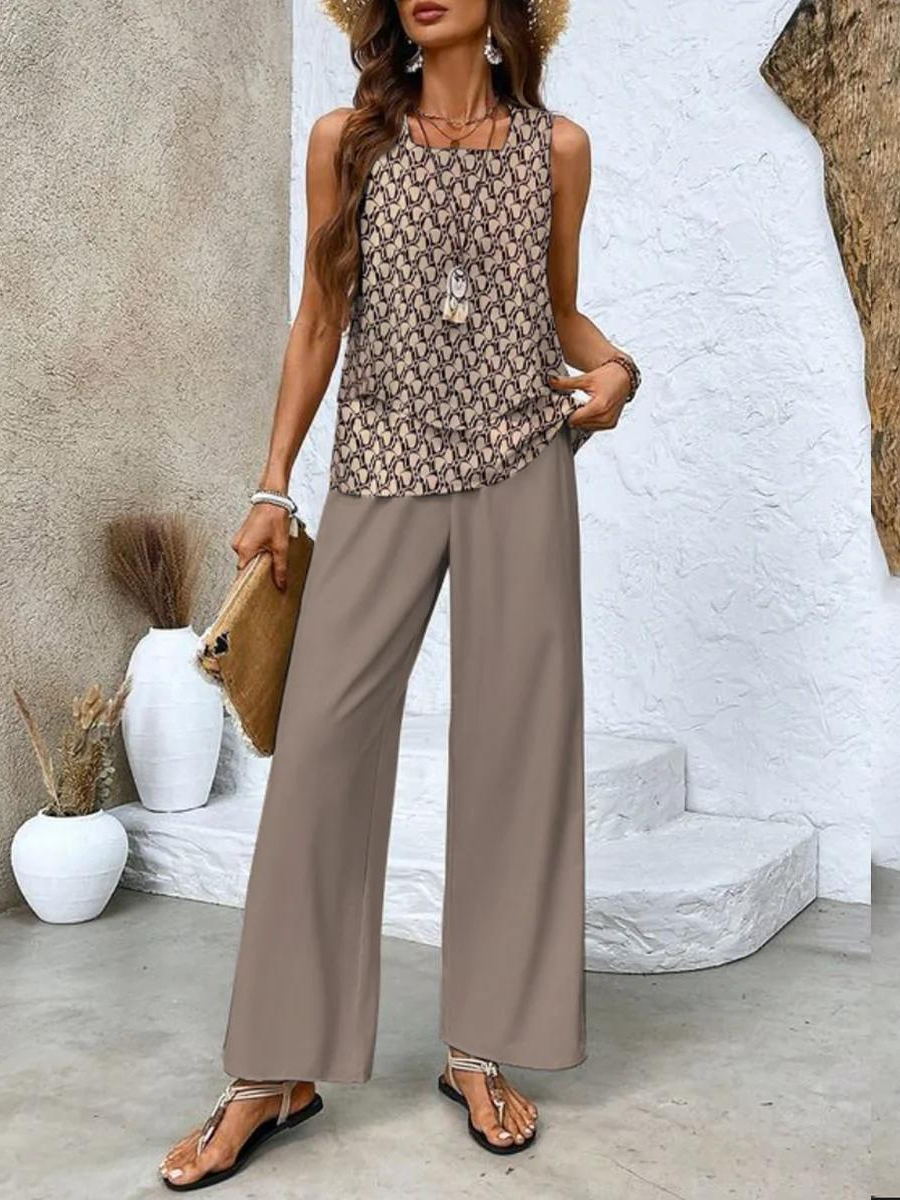 Damen Leinenlook Sommer Set mit Top und Weiter Hose