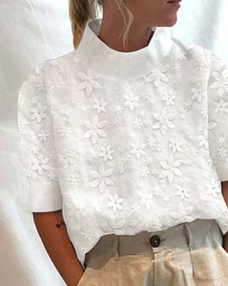Damen Bluse mit Hohem Kragen und Blumenmuster