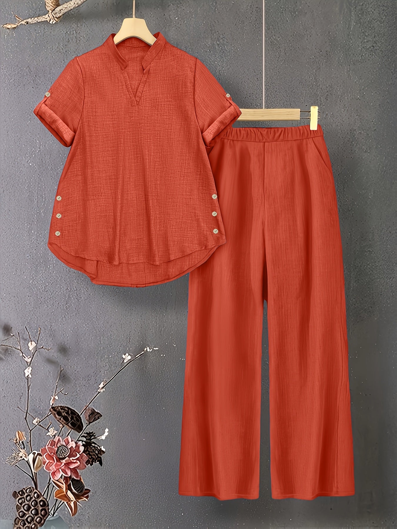 Damen Zweiteiler mit V-Ausschnitt Top und Elastischer Hose