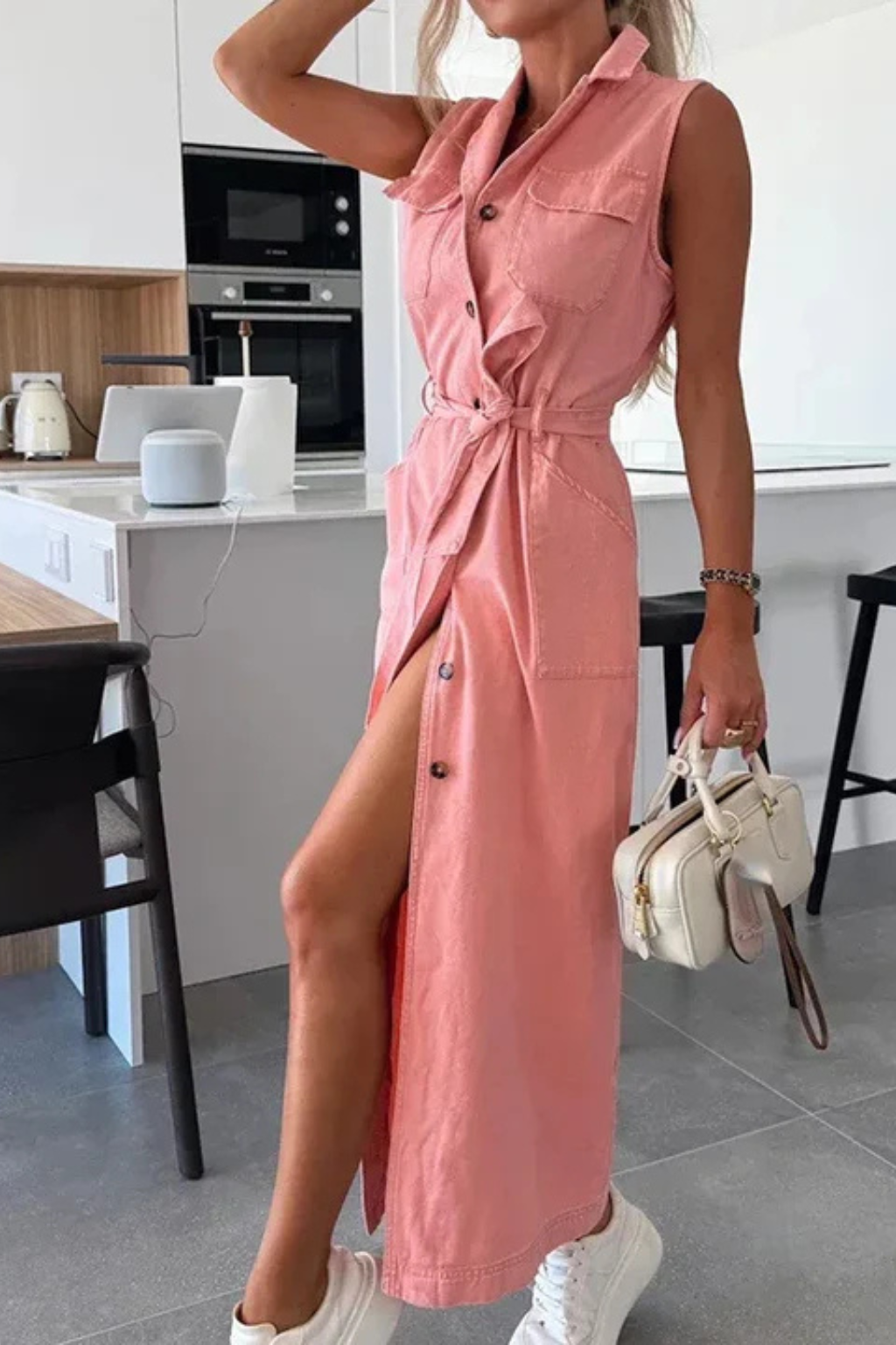 Lottie | Damen Denim Maxikleid – Ärmellos & Mit Gürtel Elegant