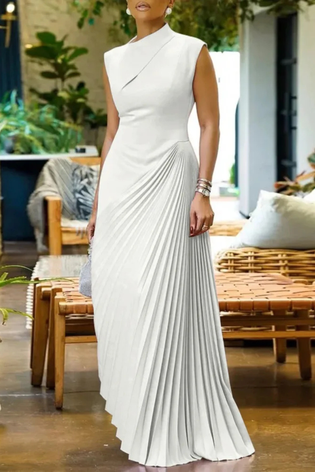 Lolalita Damen Maxikleid – One-Shoulder & Plissiert Elegant
