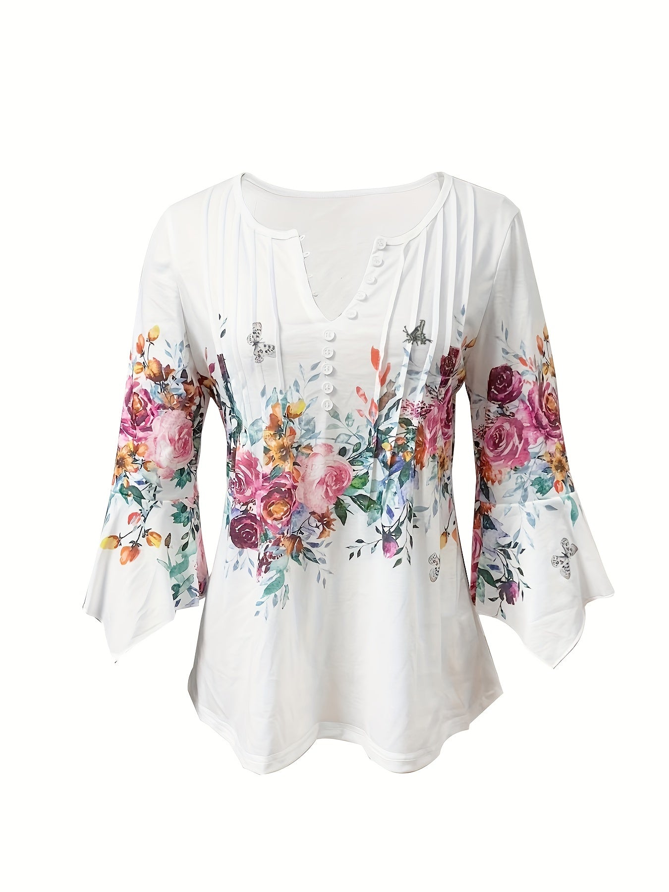 Damen Sommer Bluse mit Floral Print und Knopfleiste