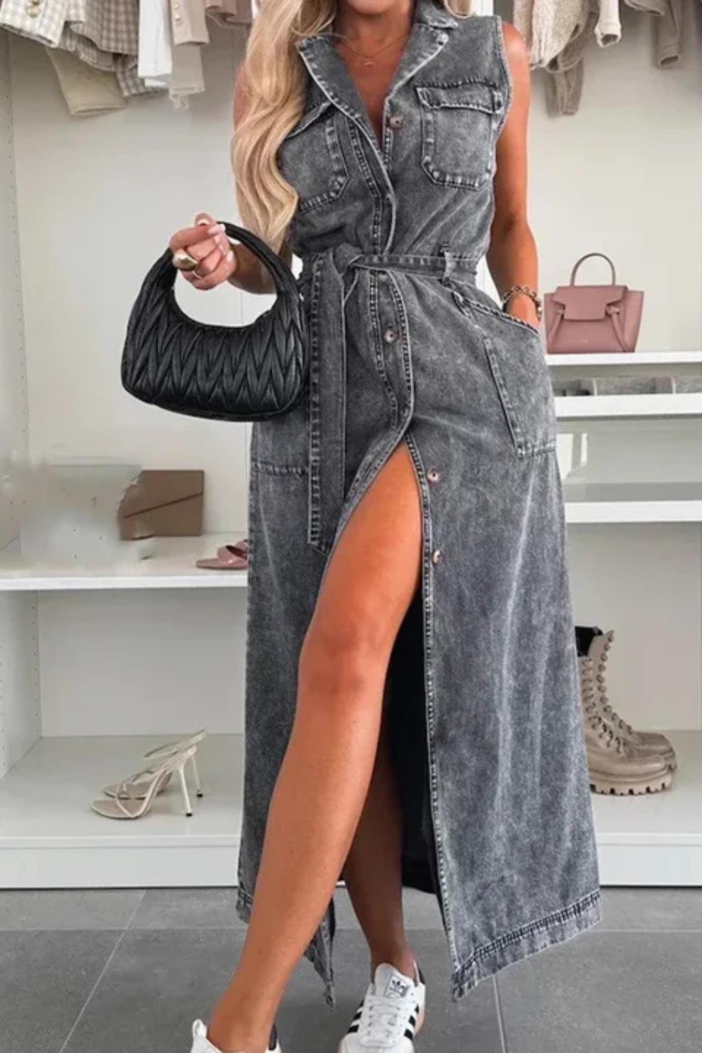 Lottie | Damen Denim Maxikleid – Ärmellos & Mit Gürtel Elegant