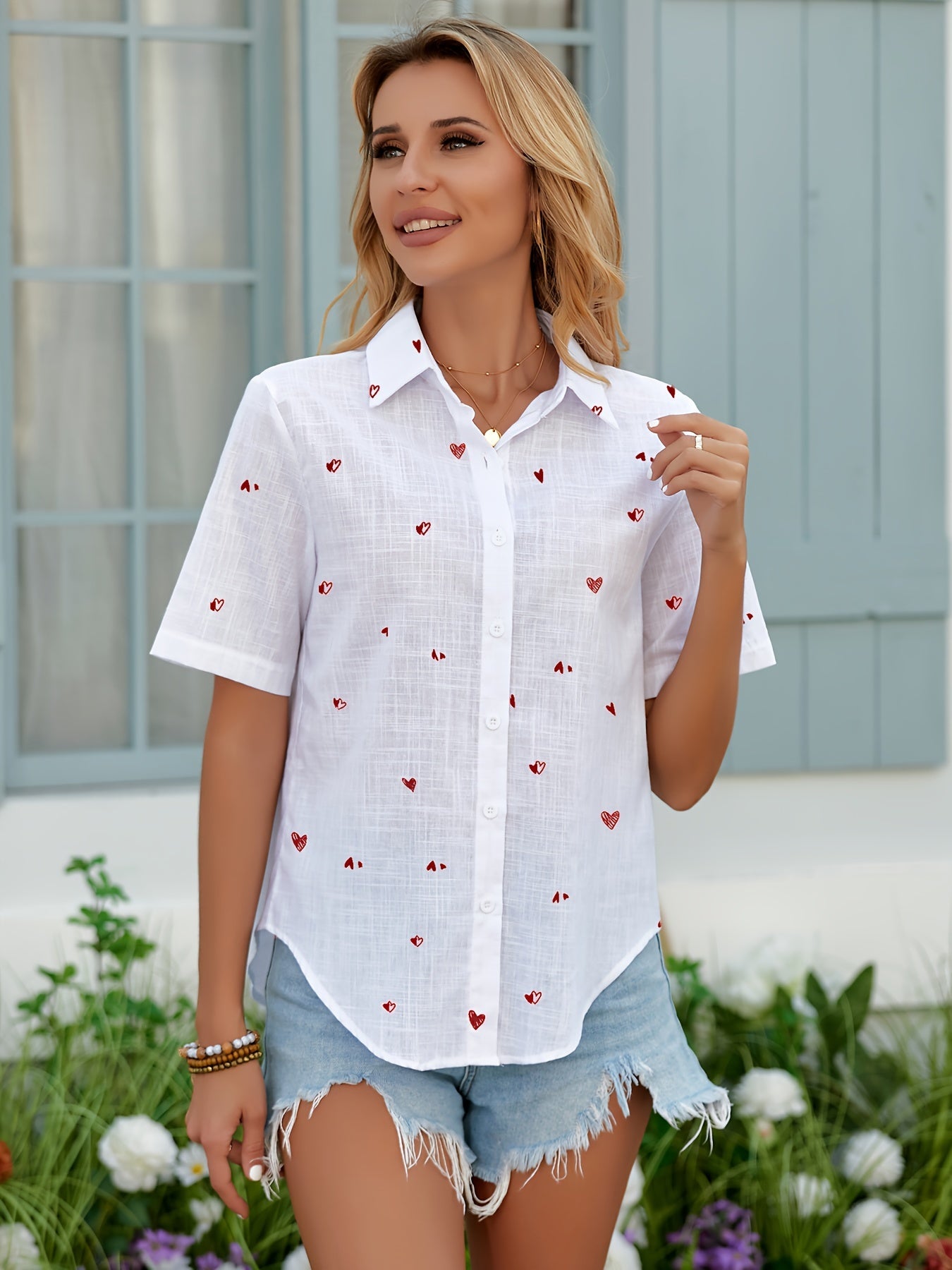 Damen Sommer Bluse mit Herzprint und Reverskragen