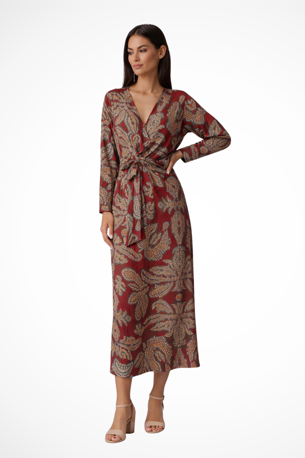 Aria Damen Maxikleid – Bindegürtel & Lange Ärmel Elegant