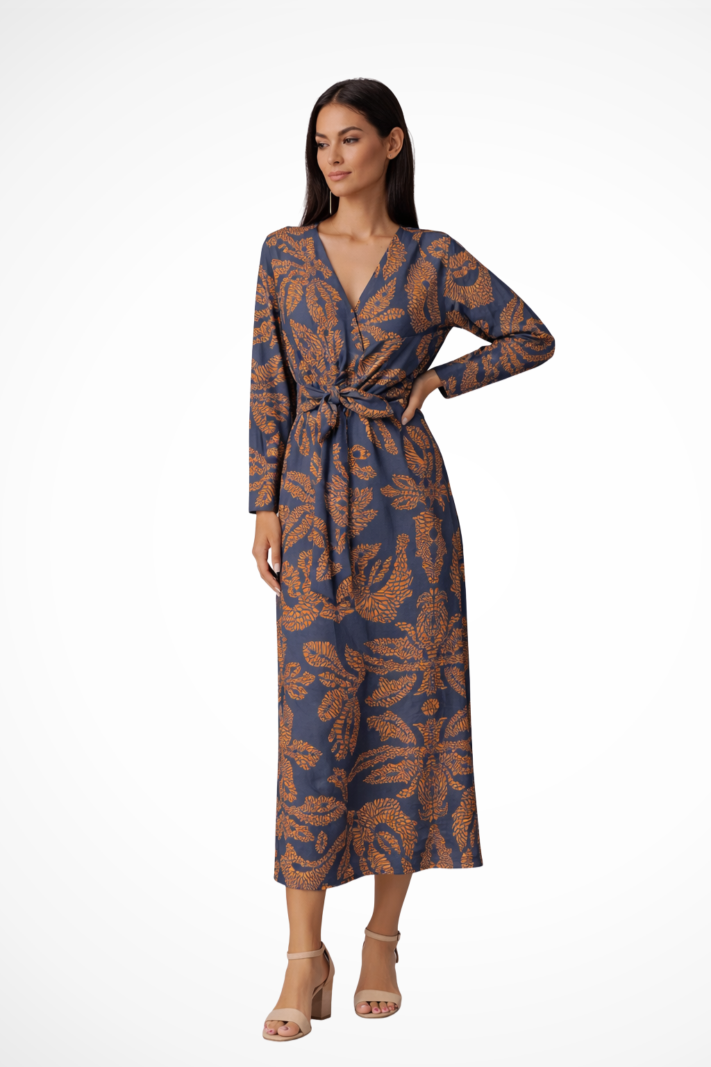 Aria Damen Maxikleid – Bindegürtel & Lange Ärmel Elegant