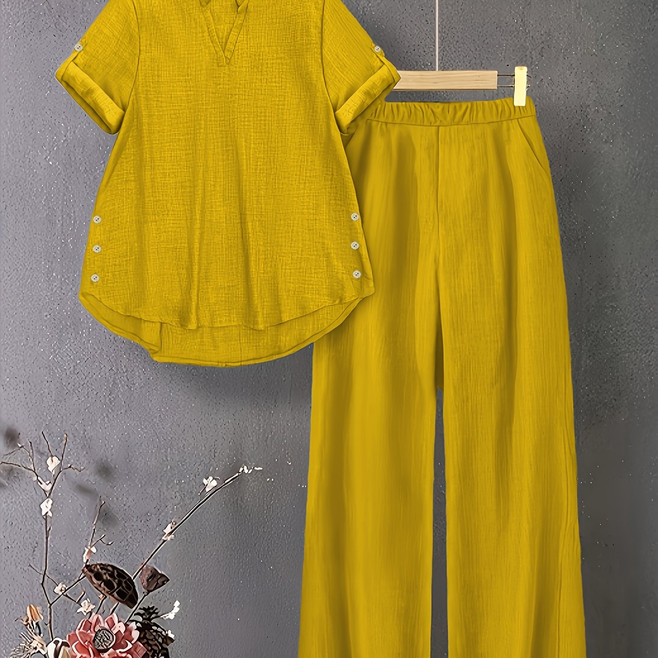 Damen Zweiteiler mit V-Ausschnitt Top und Elastischer Hose