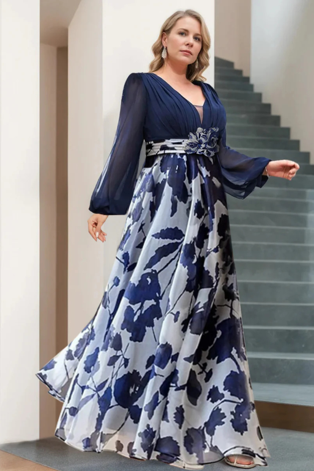 Valentina Damen Maxikleid – V-Ausschnitt & Ballonärmel Floral Elegant