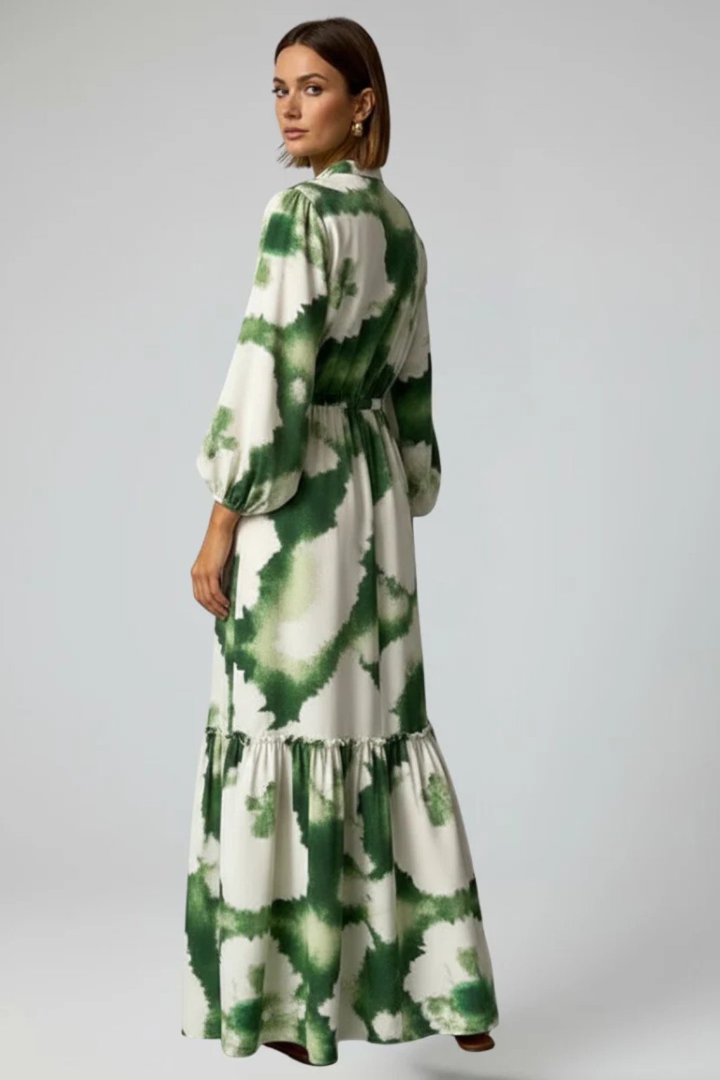 Thea Damen Maxikleid – V-Ausschnitt & Print mit Stufenrock Elegant