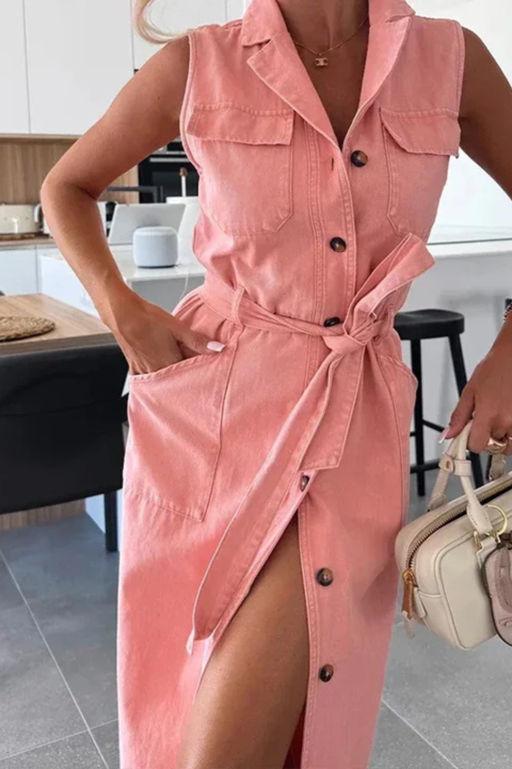 Lottie | Damen Denim Maxikleid – Ärmellos & Mit Gürtel Elegant