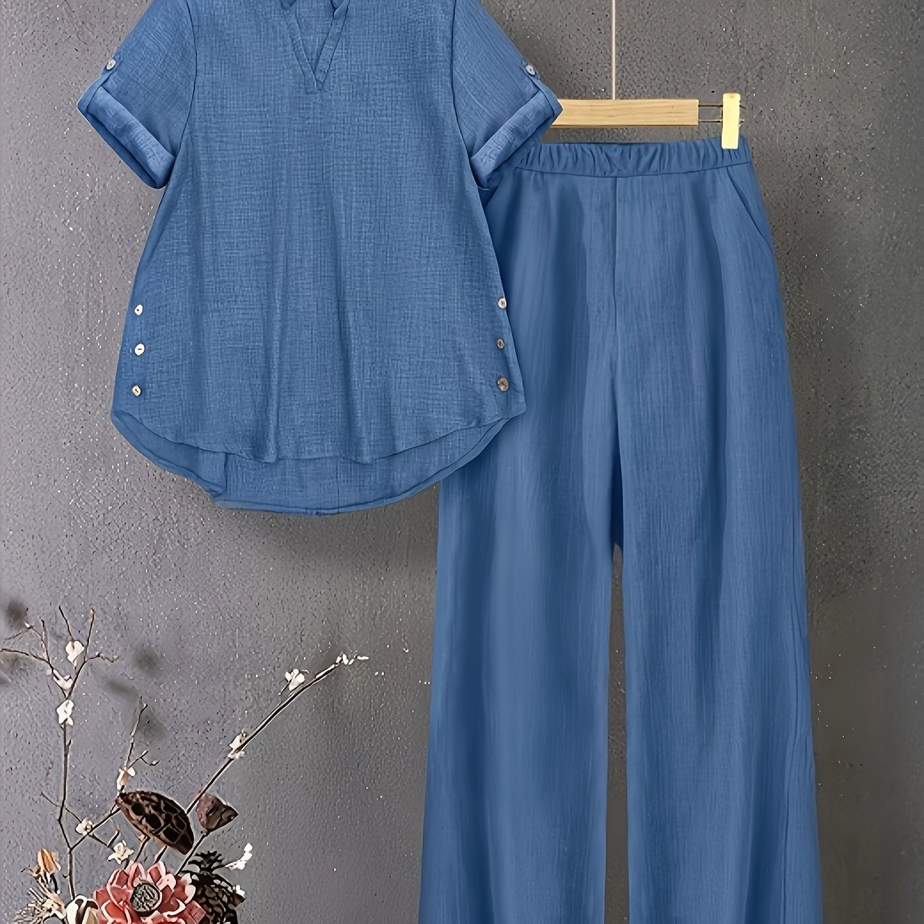 Damen Zweiteiler mit V-Ausschnitt Top und Elastischer Hose