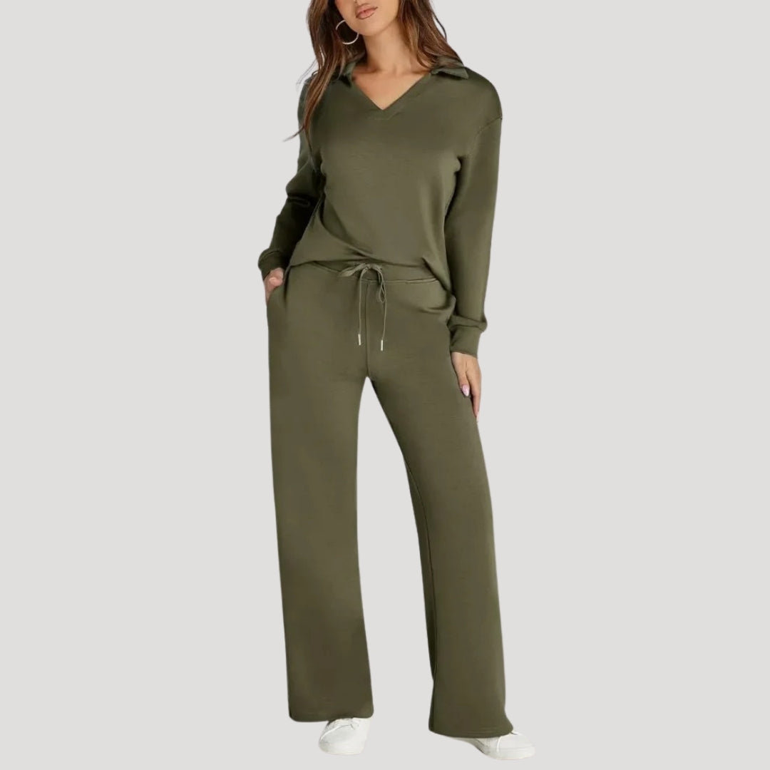 Damen Strick Loungewear Set – V-Ausschnitt Top & Hose