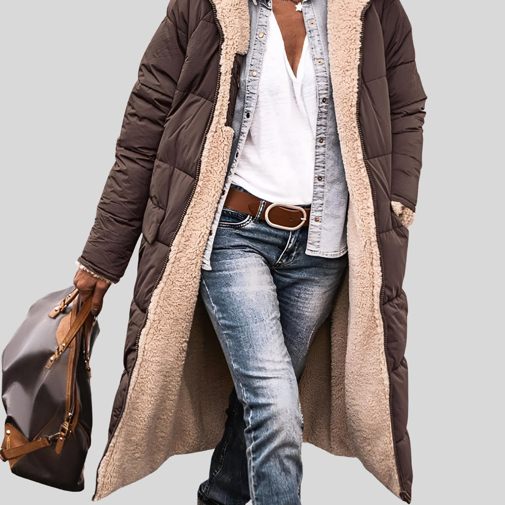 Damen Gesteppter Mantel mit Kapuze – Warm Gefüttert – Langer Schnitt