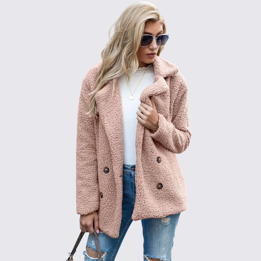 Damen Teddy Mantel mit Knopfleiste - Winter Mantel - Kuschelig