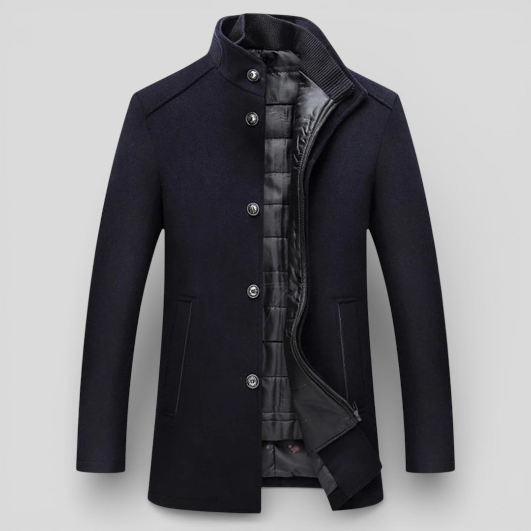 Herren Mantel mit Stehkragen - Langer Mantel - Knopfleiste Vorne