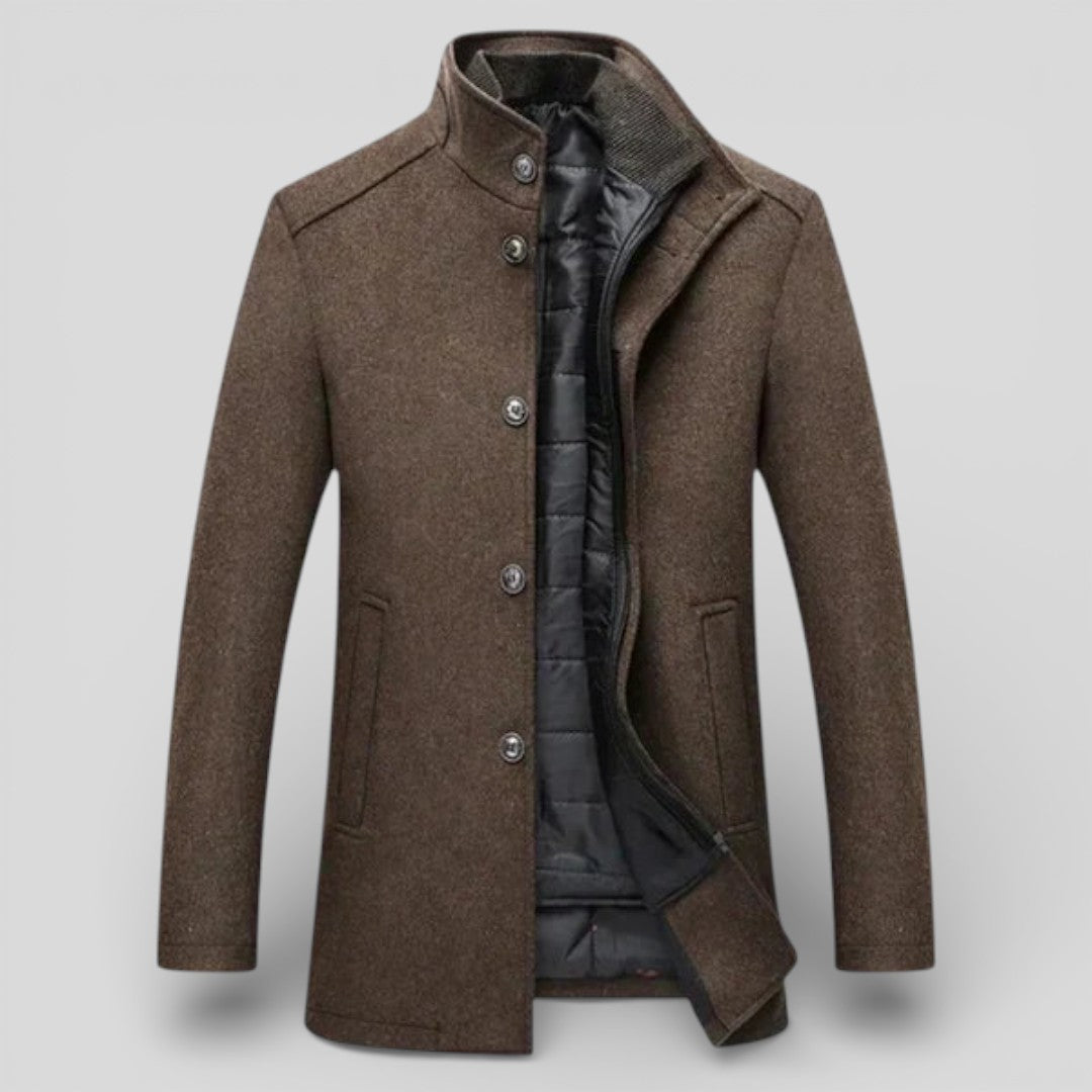 Herren Mantel mit Stehkragen - Langer Mantel - Knopfleiste Vorne