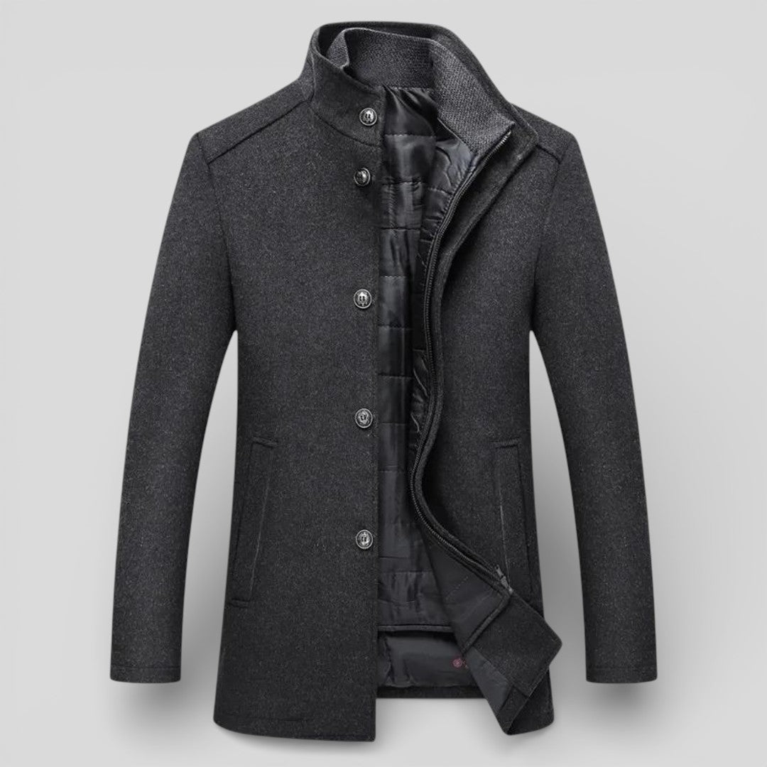 Herren Mantel mit Stehkragen - Langer Mantel - Knopfleiste Vorne