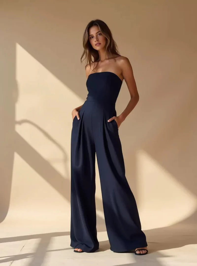 Damen Trägerloser Sommer Jumpsuit mit Weitem Bein