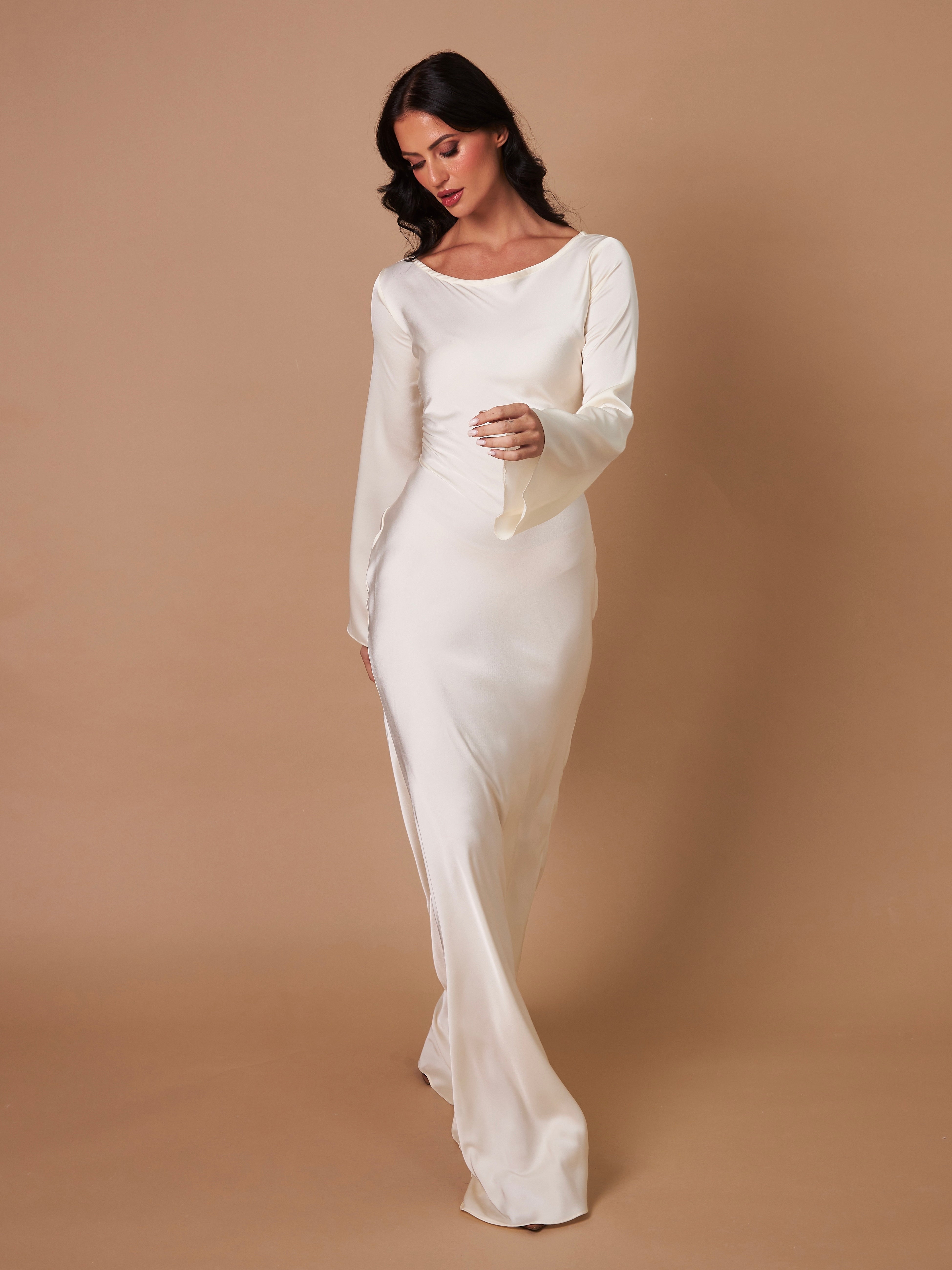 Damen Elegantes Langarm-Maxikleid mit Satin-Look