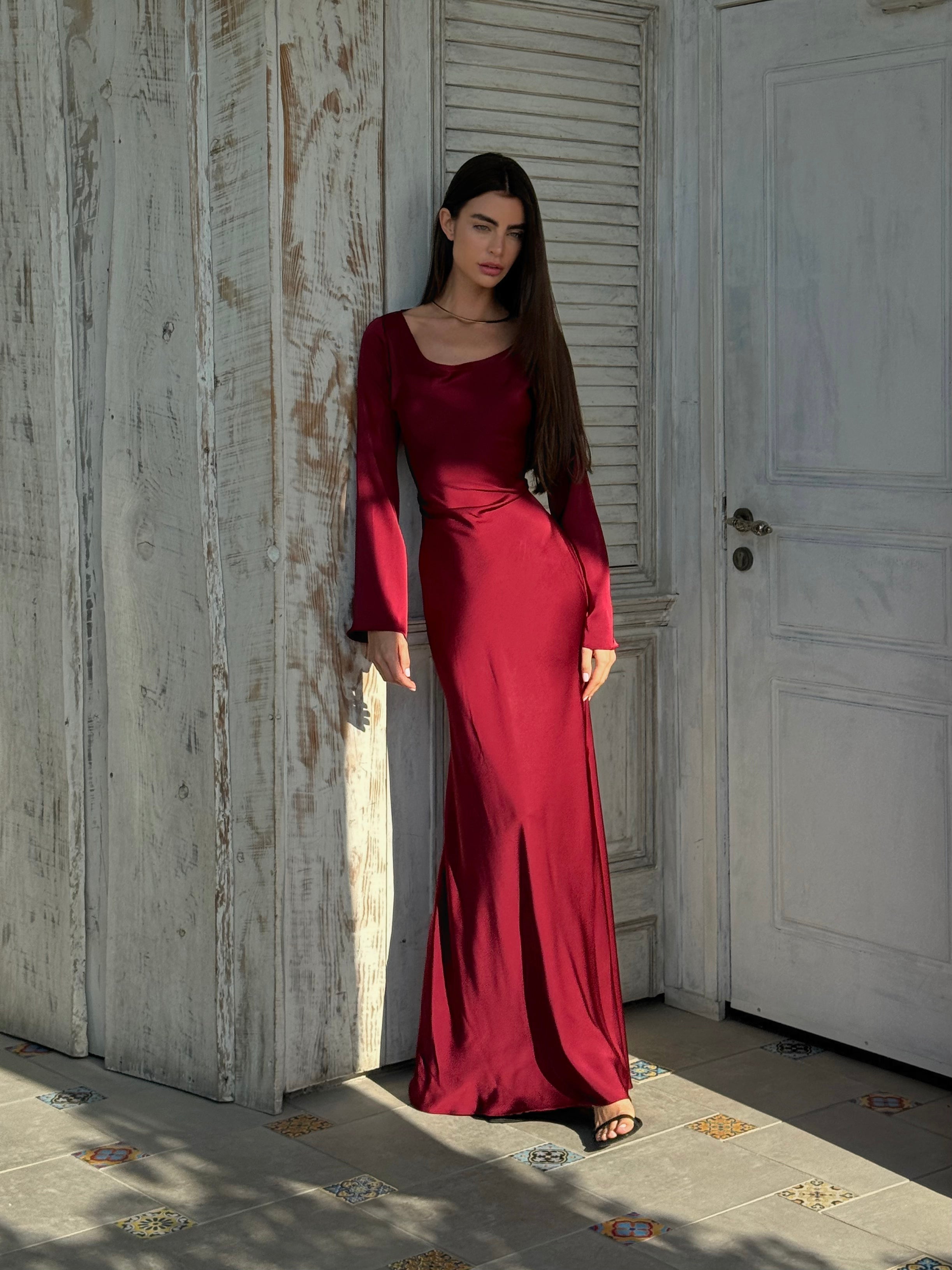 Damen Elegantes Langarm-Maxikleid mit Satin-Look