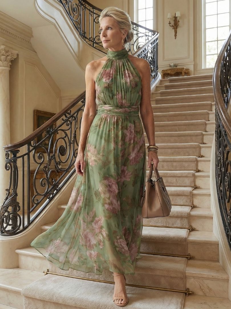 Damen Florales Neckholder-Midikleid für Sommeranlässe