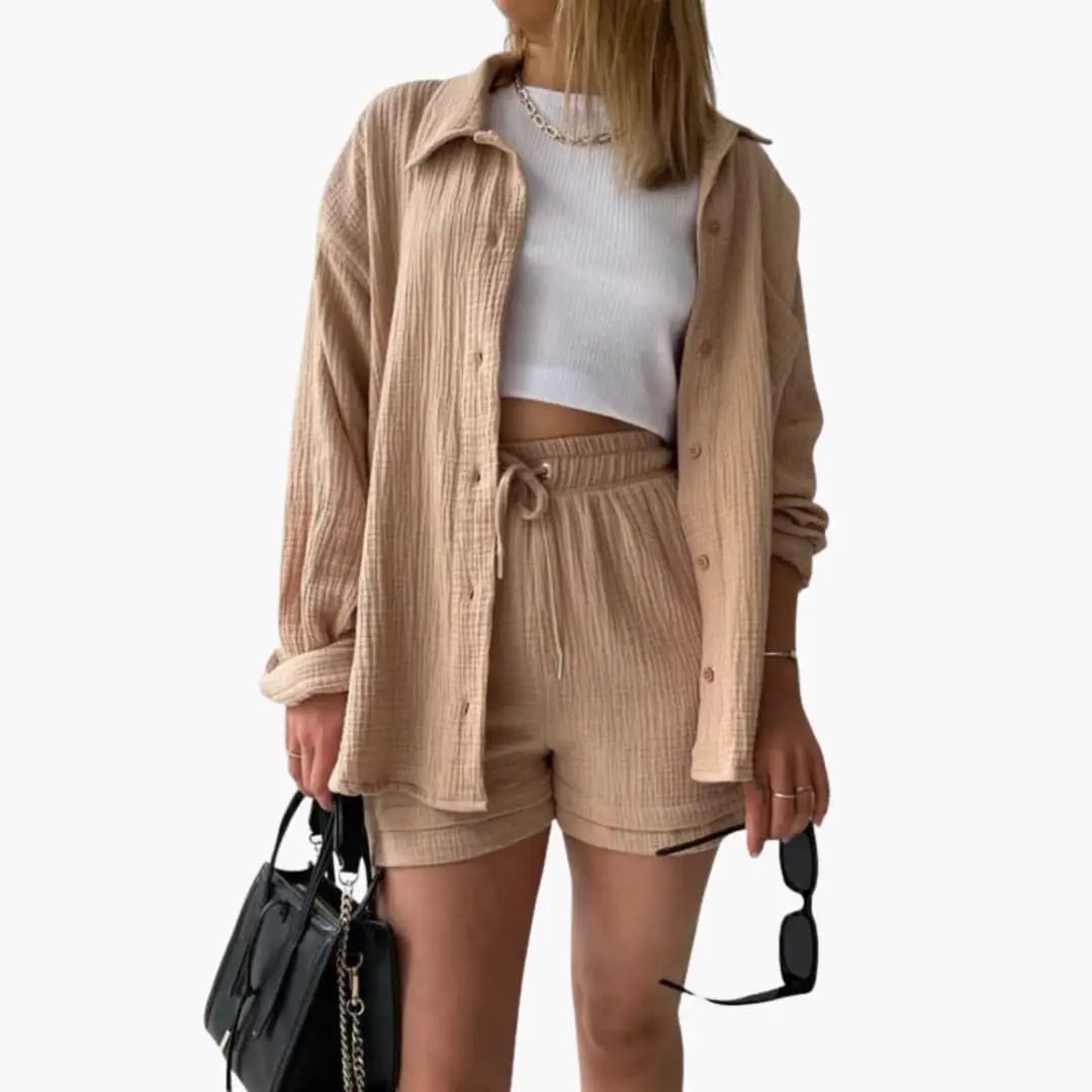 Sable Damen Zweiteiliges Set – Crinkle Baumwollhemd & High Waist Hose