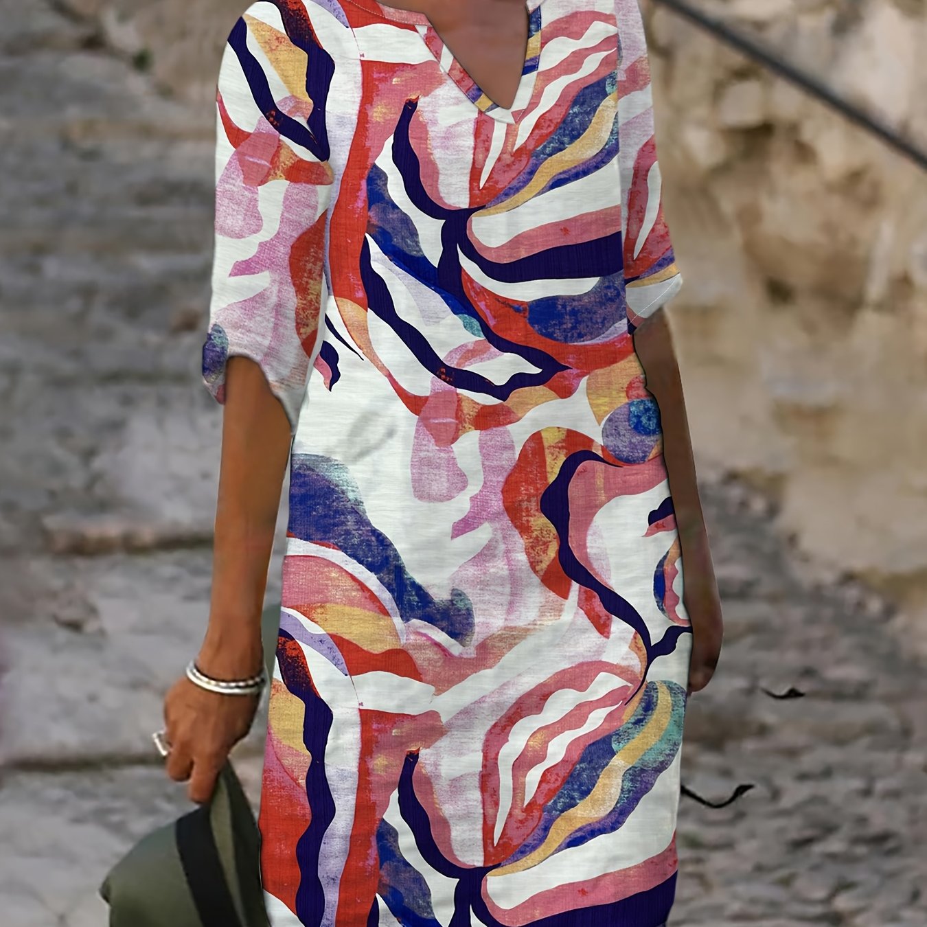 Damen Casual Kleid mit V-Ausschnitt und Blumenprint