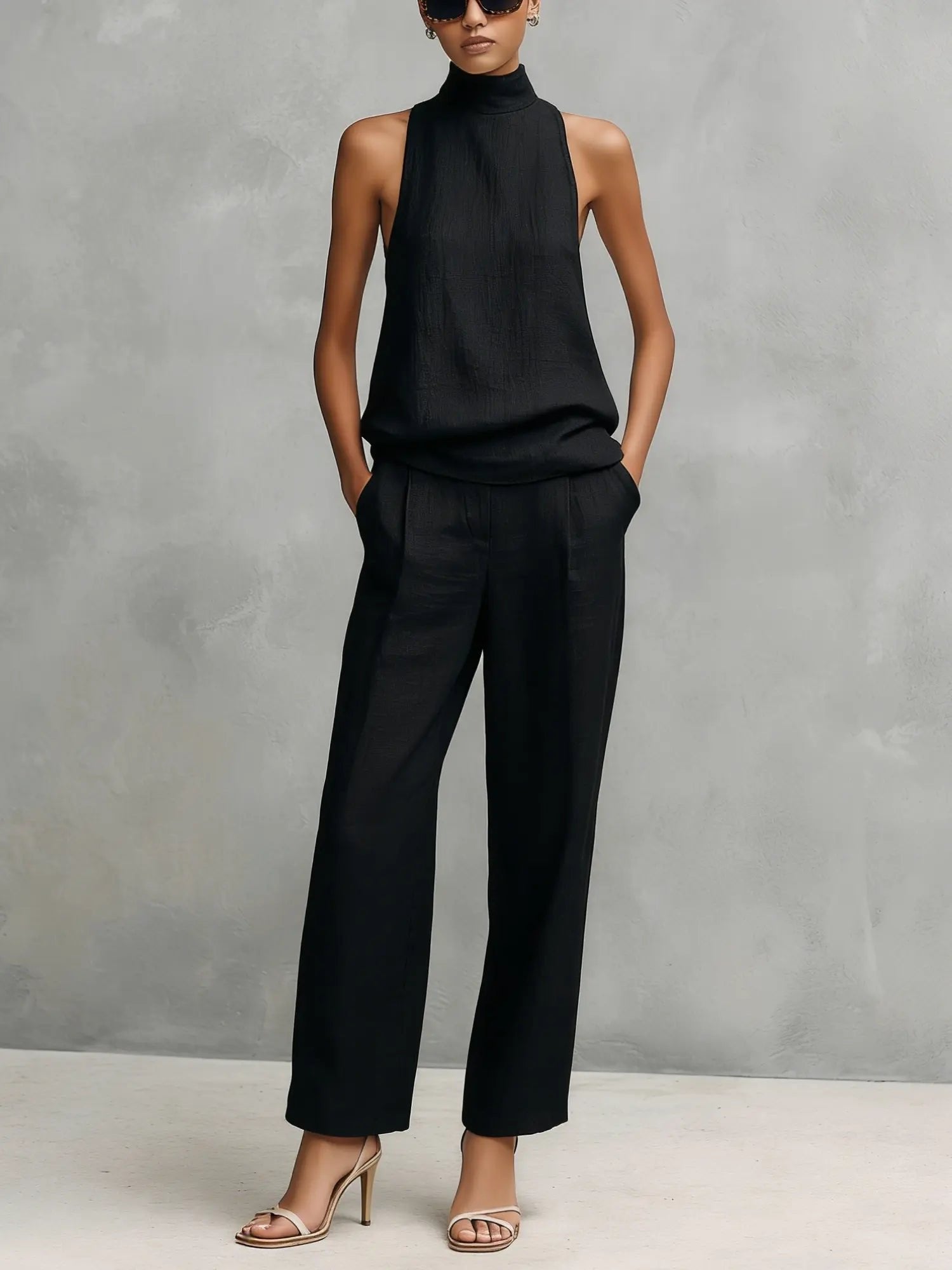 Clara | Damen Baumwoll-Leinen Ärmellose High-Neck Top Hose Set