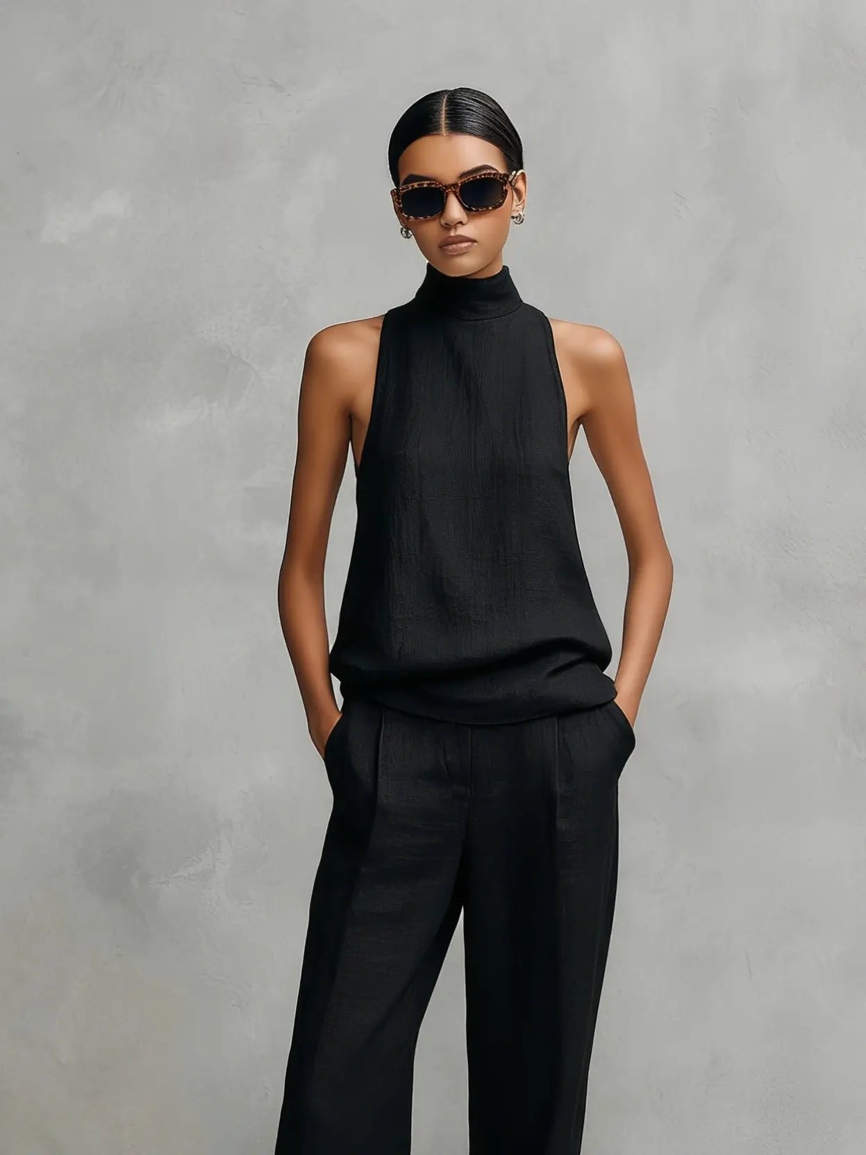 Clara | Damen Baumwoll-Leinen Ärmellose High-Neck Top Hose Set