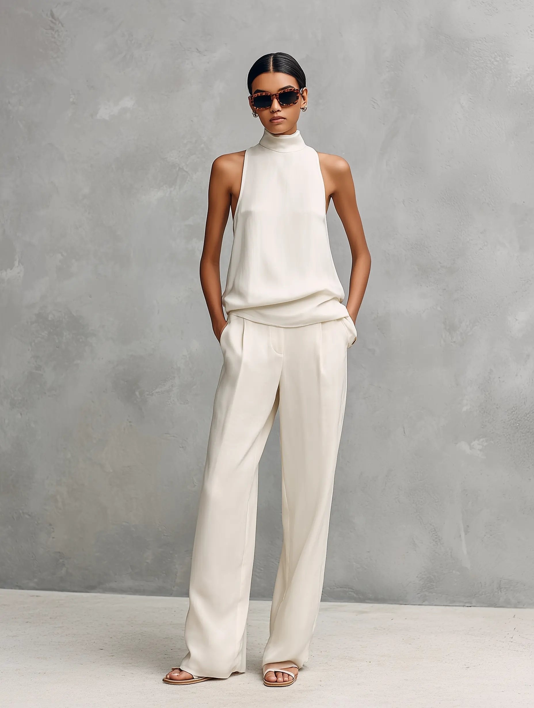 Clara | Damen Baumwoll-Leinen Ärmellose High-Neck Top Hose Set