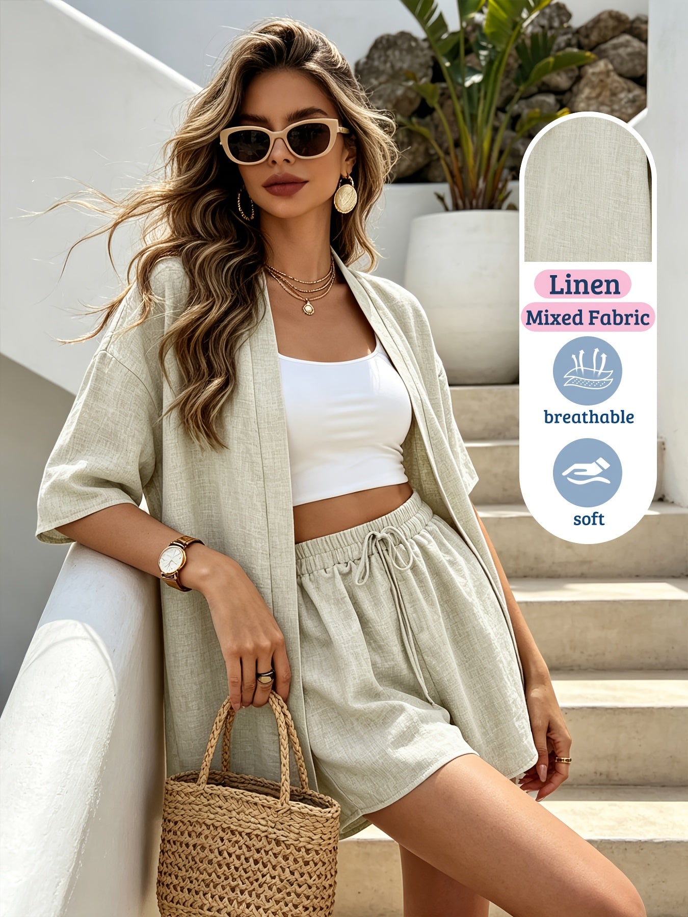Damen Resort Set aus Leinenmix mit Cardigan und Shorts